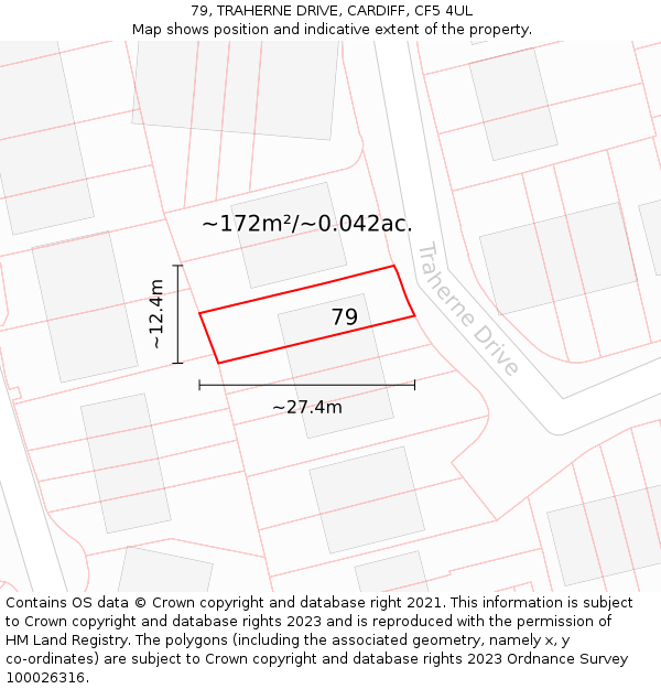 79, TRAHERNE DRIVE, CARDIFF, CF5 4UL: Plot and title map
