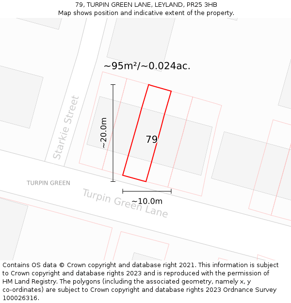 79, TURPIN GREEN LANE, LEYLAND, PR25 3HB: Plot and title map