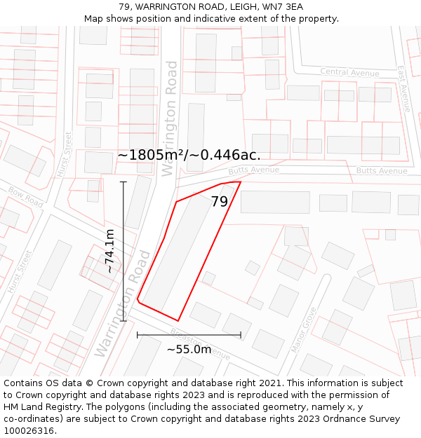 79, WARRINGTON ROAD, LEIGH, WN7 3EA: Plot and title map