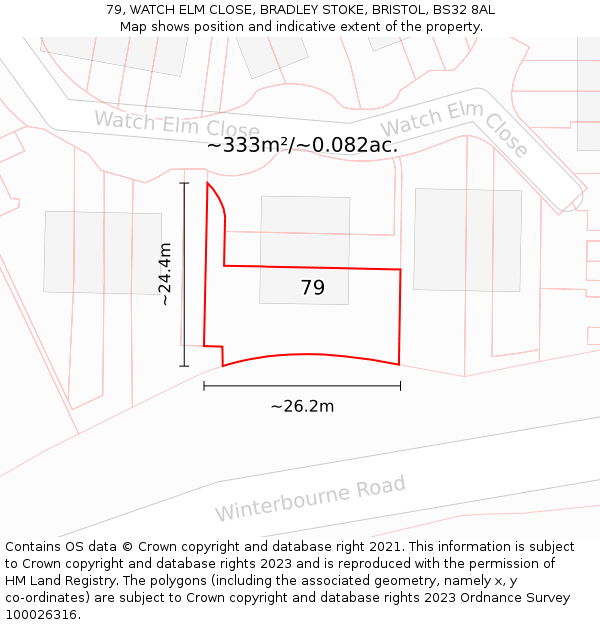 79, WATCH ELM CLOSE, BRADLEY STOKE, BRISTOL, BS32 8AL: Plot and title map