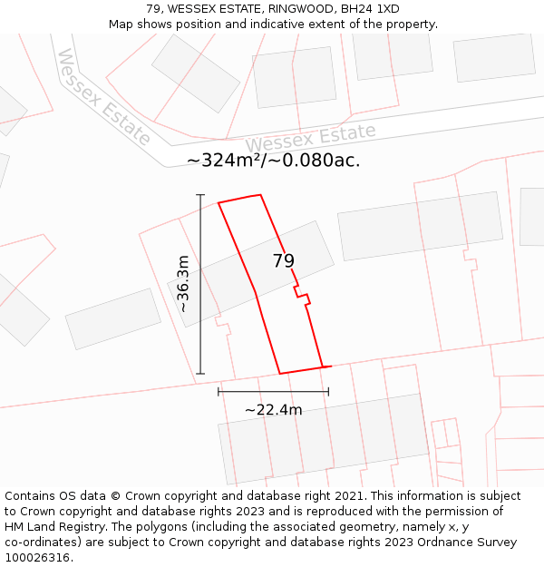 79, WESSEX ESTATE, RINGWOOD, BH24 1XD: Plot and title map