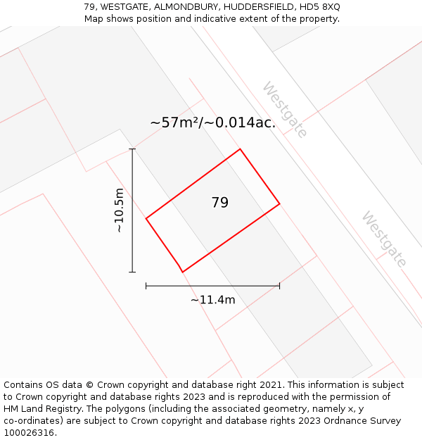 79, WESTGATE, ALMONDBURY, HUDDERSFIELD, HD5 8XQ: Plot and title map
