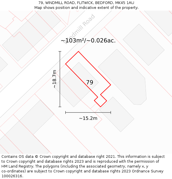 79, WINDMILL ROAD, FLITWICK, BEDFORD, MK45 1AU: Plot and title map