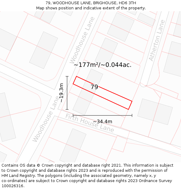 79, WOODHOUSE LANE, BRIGHOUSE, HD6 3TH: Plot and title map