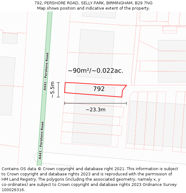 792, PERSHORE ROAD, SELLY PARK, BIRMINGHAM, B29 7NG: Plot and title map