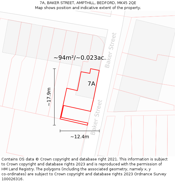 7A, BAKER STREET, AMPTHILL, BEDFORD, MK45 2QE: Plot and title map