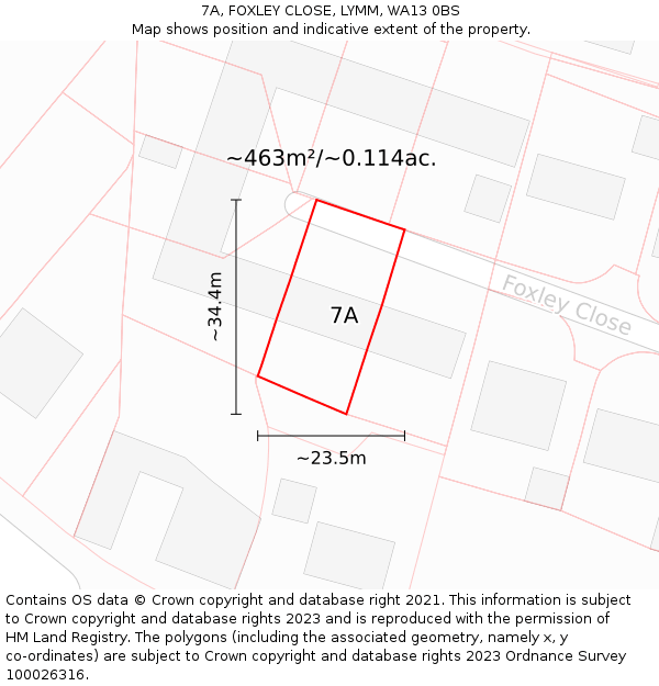 7A, FOXLEY CLOSE, LYMM, WA13 0BS: Plot and title map