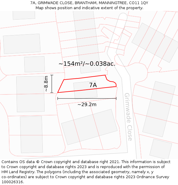 7A, GRIMWADE CLOSE, BRANTHAM, MANNINGTREE, CO11 1QY: Plot and title map