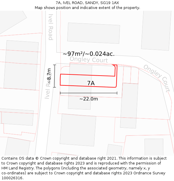 7A, IVEL ROAD, SANDY, SG19 1AX: Plot and title map