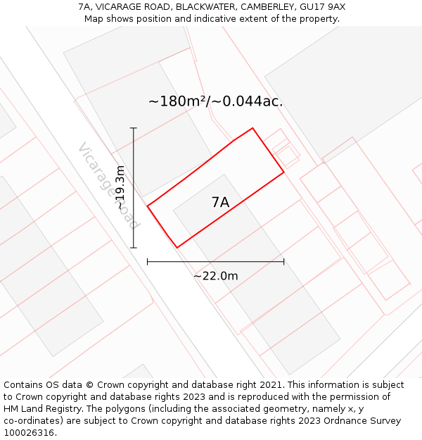 7A, VICARAGE ROAD, BLACKWATER, CAMBERLEY, GU17 9AX: Plot and title map