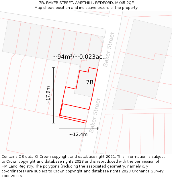 7B, BAKER STREET, AMPTHILL, BEDFORD, MK45 2QE: Plot and title map