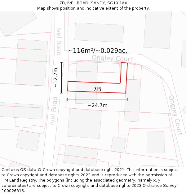 7B, IVEL ROAD, SANDY, SG19 1AX: Plot and title map