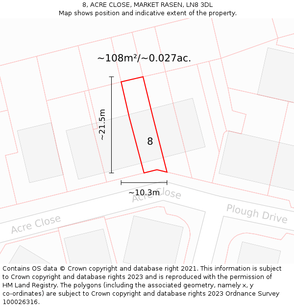 8, ACRE CLOSE, MARKET RASEN, LN8 3DL: Plot and title map