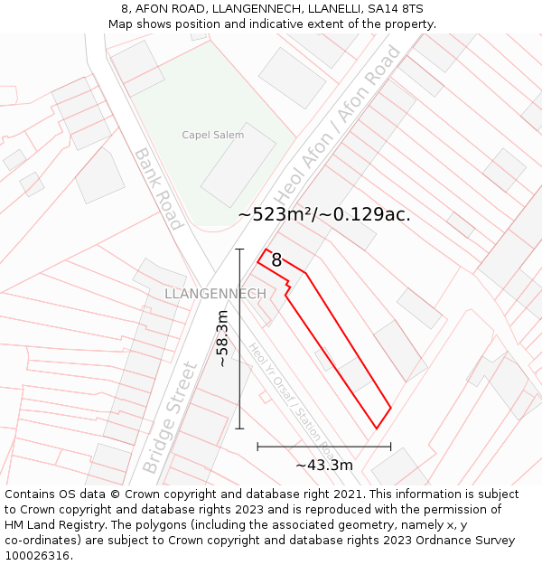 8, AFON ROAD, LLANGENNECH, LLANELLI, SA14 8TS: Plot and title map
