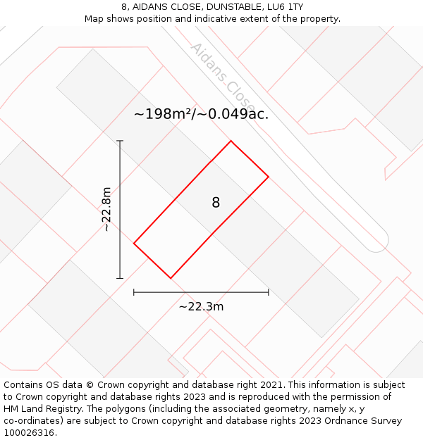 8, AIDANS CLOSE, DUNSTABLE, LU6 1TY: Plot and title map
