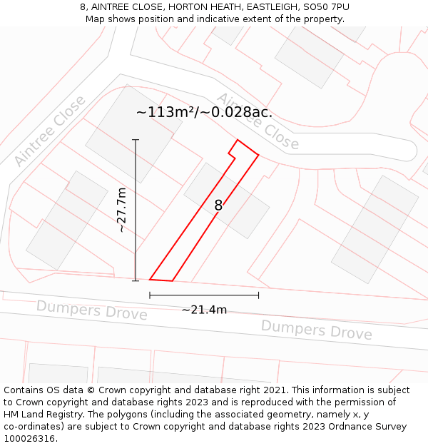 8, AINTREE CLOSE, HORTON HEATH, EASTLEIGH, SO50 7PU: Plot and title map