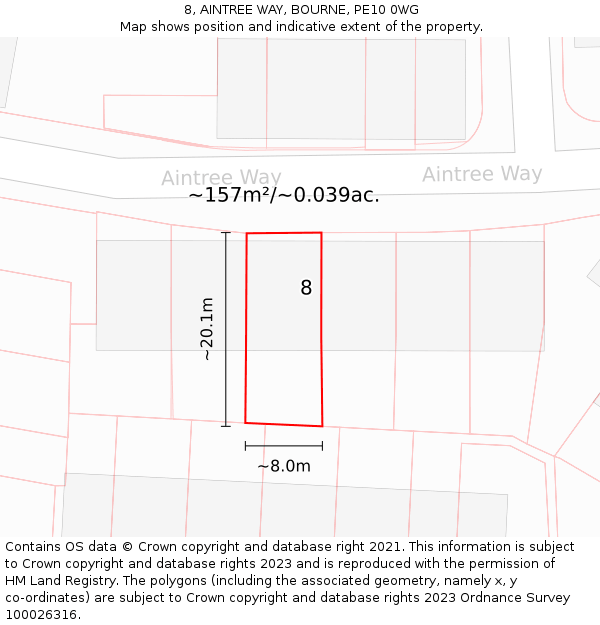 8, AINTREE WAY, BOURNE, PE10 0WG: Plot and title map