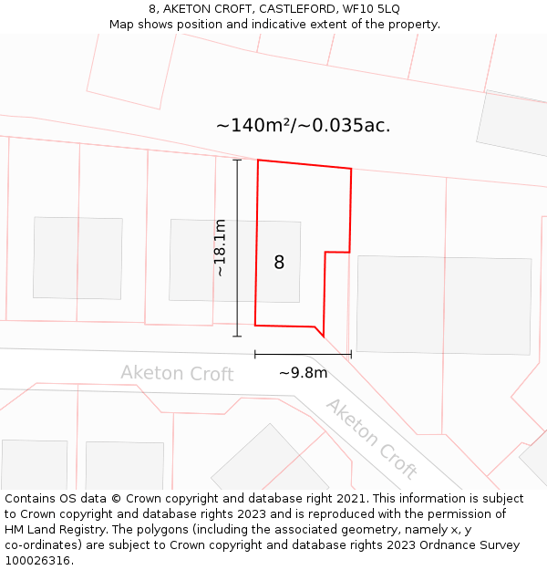8, AKETON CROFT, CASTLEFORD, WF10 5LQ: Plot and title map