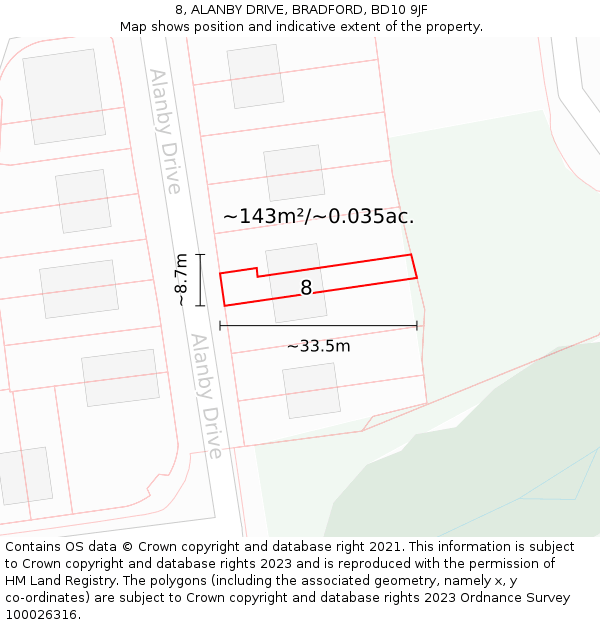 8, ALANBY DRIVE, BRADFORD, BD10 9JF: Plot and title map