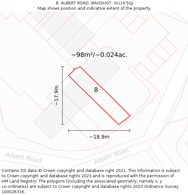 8, ALBERT ROAD, BAGSHOT, GU19 5QJ: Plot and title map