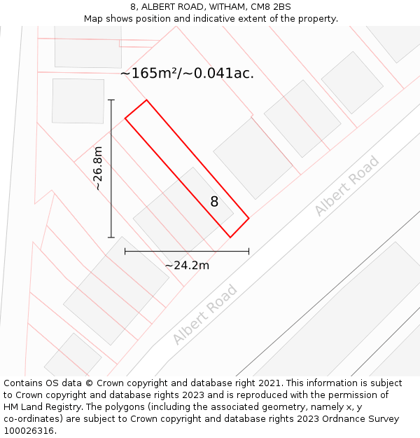 8, ALBERT ROAD, WITHAM, CM8 2BS: Plot and title map