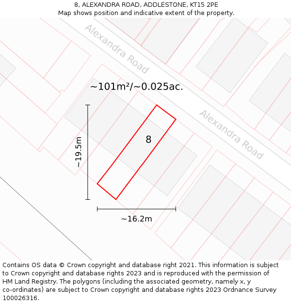 8, ALEXANDRA ROAD, ADDLESTONE, KT15 2PE: Plot and title map