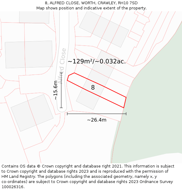 8, ALFRED CLOSE, WORTH, CRAWLEY, RH10 7SD: Plot and title map