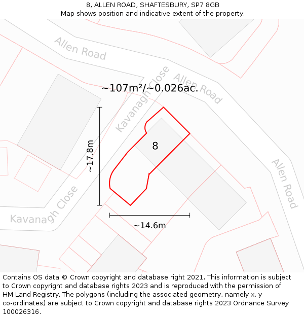 8, ALLEN ROAD, SHAFTESBURY, SP7 8GB: Plot and title map