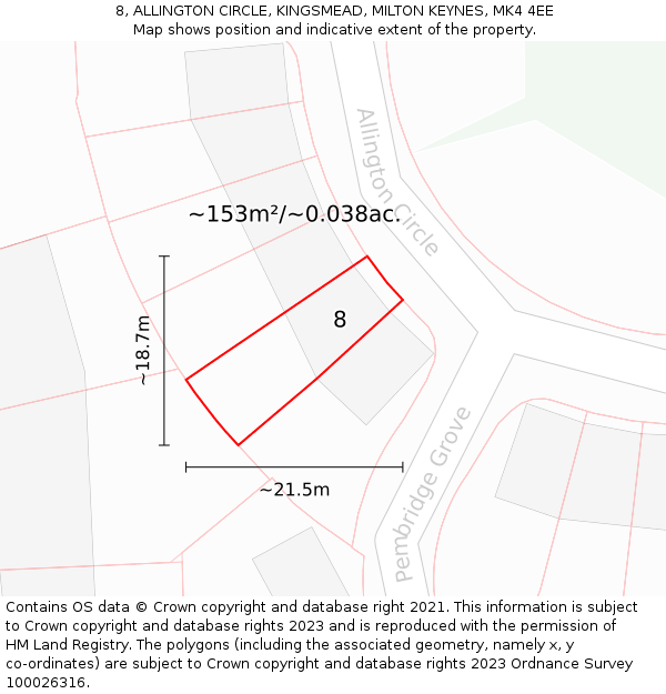 8, ALLINGTON CIRCLE, KINGSMEAD, MILTON KEYNES, MK4 4EE: Plot and title map