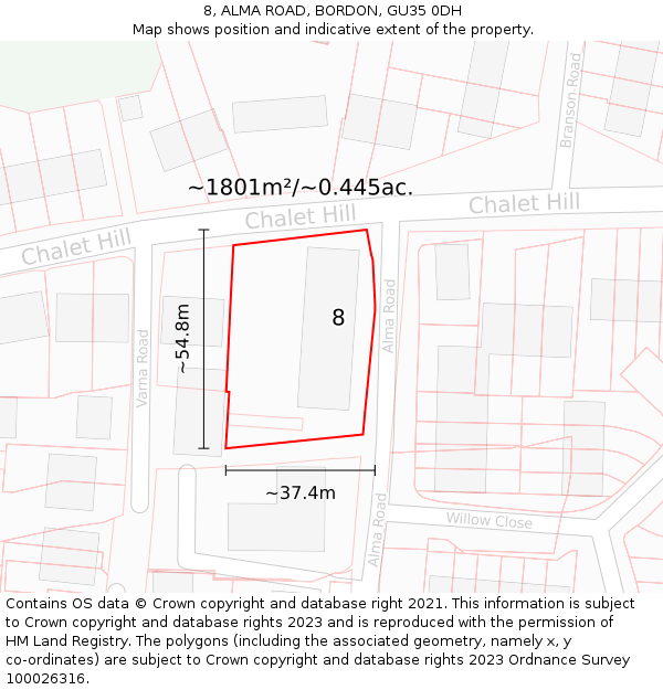 8, ALMA ROAD, BORDON, GU35 0DH: Plot and title map
