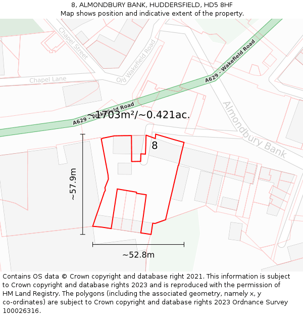 8, ALMONDBURY BANK, HUDDERSFIELD, HD5 8HF: Plot and title map