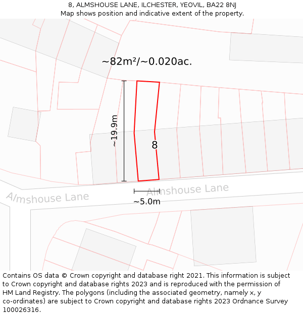 8, ALMSHOUSE LANE, ILCHESTER, YEOVIL, BA22 8NJ: Plot and title map