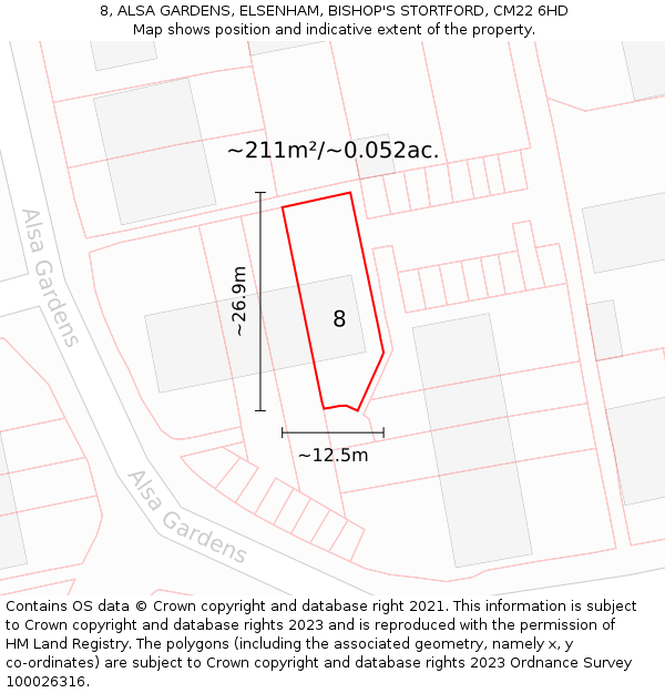 8, ALSA GARDENS, ELSENHAM, BISHOP'S STORTFORD, CM22 6HD: Plot and title map