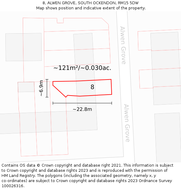 8, ALWEN GROVE, SOUTH OCKENDON, RM15 5DW: Plot and title map