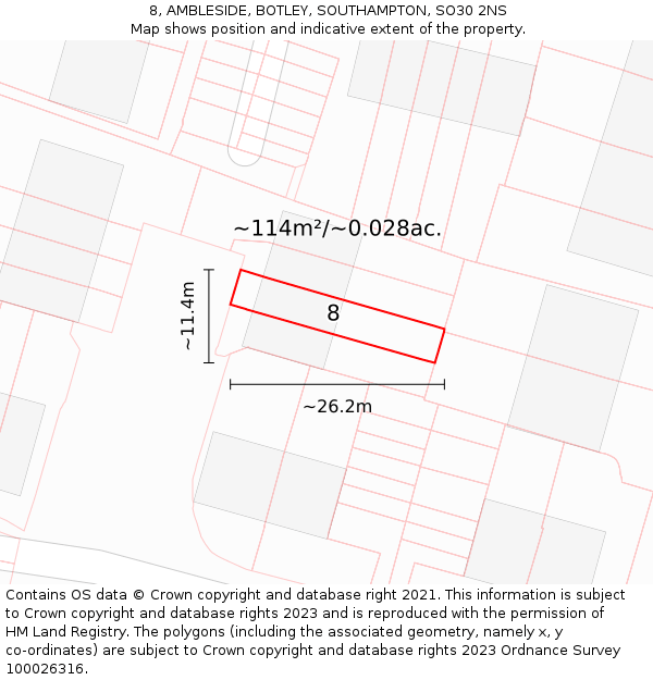 8, AMBLESIDE, BOTLEY, SOUTHAMPTON, SO30 2NS: Plot and title map
