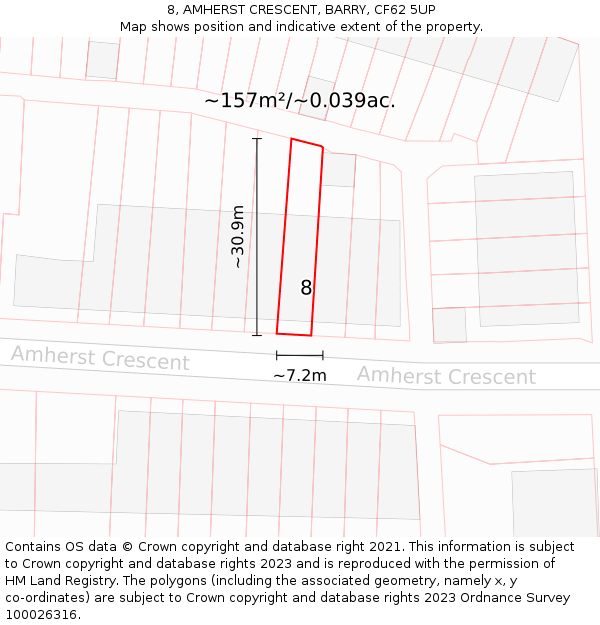 8, AMHERST CRESCENT, BARRY, CF62 5UP: Plot and title map