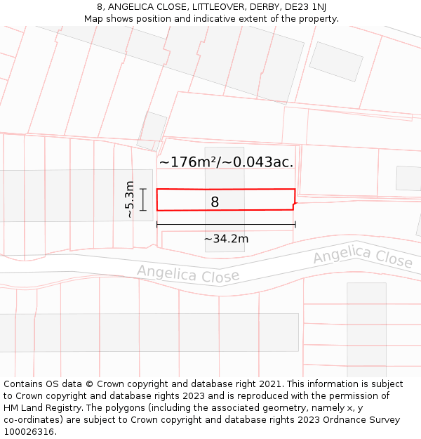 8, ANGELICA CLOSE, LITTLEOVER, DERBY, DE23 1NJ: Plot and title map