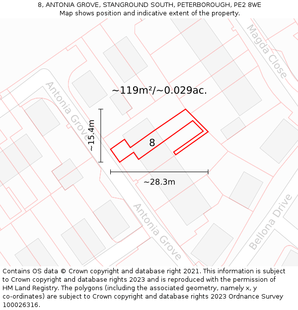 8, ANTONIA GROVE, STANGROUND SOUTH, PETERBOROUGH, PE2 8WE: Plot and title map