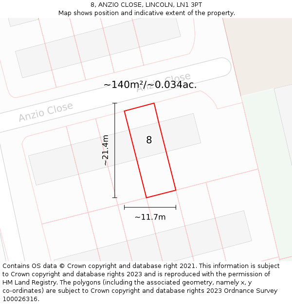 8, ANZIO CLOSE, LINCOLN, LN1 3PT: Plot and title map