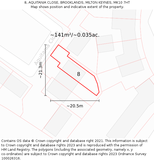 8, AQUITANIA CLOSE, BROOKLANDS, MILTON KEYNES, MK10 7HT: Plot and title map
