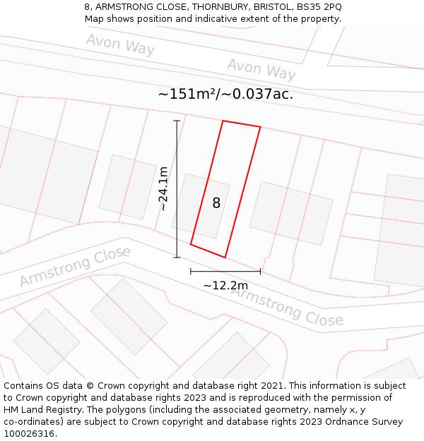 8, ARMSTRONG CLOSE, THORNBURY, BRISTOL, BS35 2PQ: Plot and title map