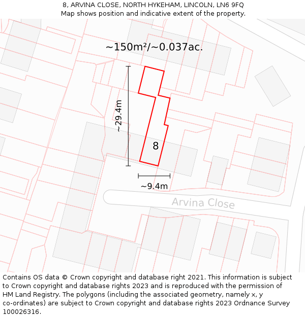 8, ARVINA CLOSE, NORTH HYKEHAM, LINCOLN, LN6 9FQ: Plot and title map