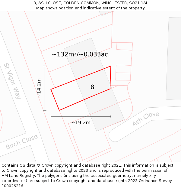 8, ASH CLOSE, COLDEN COMMON, WINCHESTER, SO21 1AL: Plot and title map