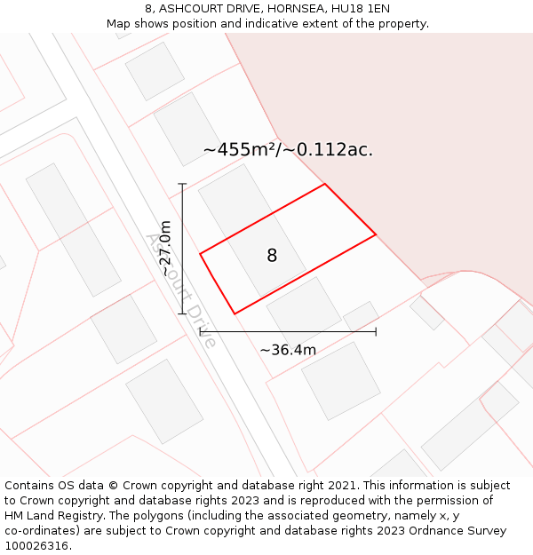 8, ASHCOURT DRIVE, HORNSEA, HU18 1EN: Plot and title map