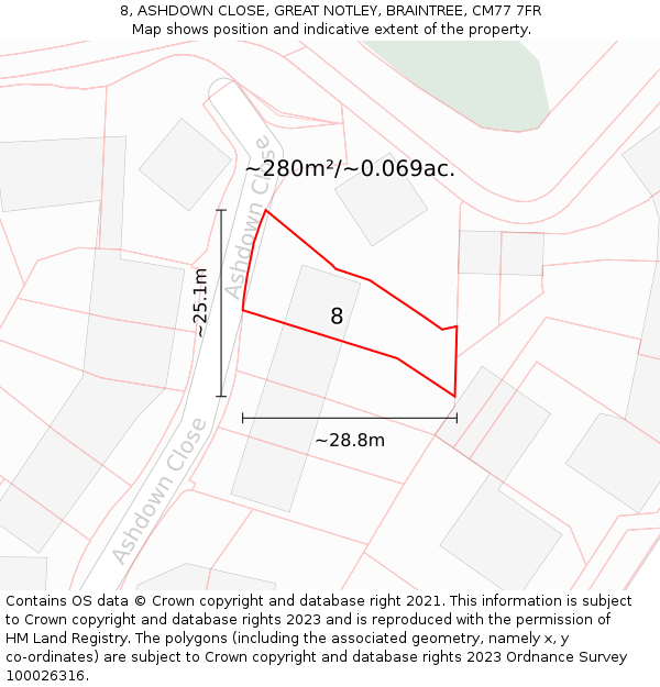 8, ASHDOWN CLOSE, GREAT NOTLEY, BRAINTREE, CM77 7FR: Plot and title map