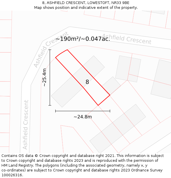 8, ASHFIELD CRESCENT, LOWESTOFT, NR33 9BE: Plot and title map