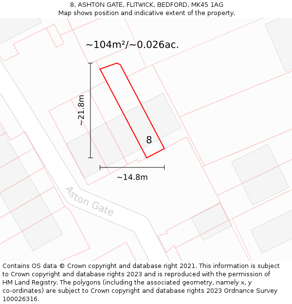 8, ASHTON GATE, FLITWICK, BEDFORD, MK45 1AG: Plot and title map