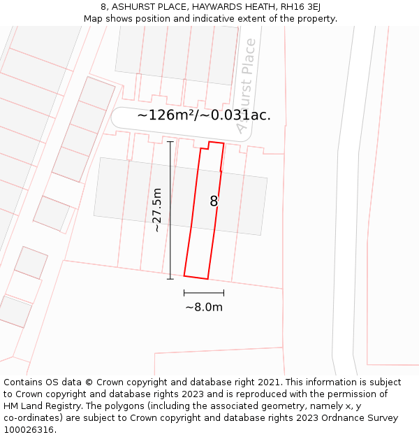 8, ASHURST PLACE, HAYWARDS HEATH, RH16 3EJ: Plot and title map