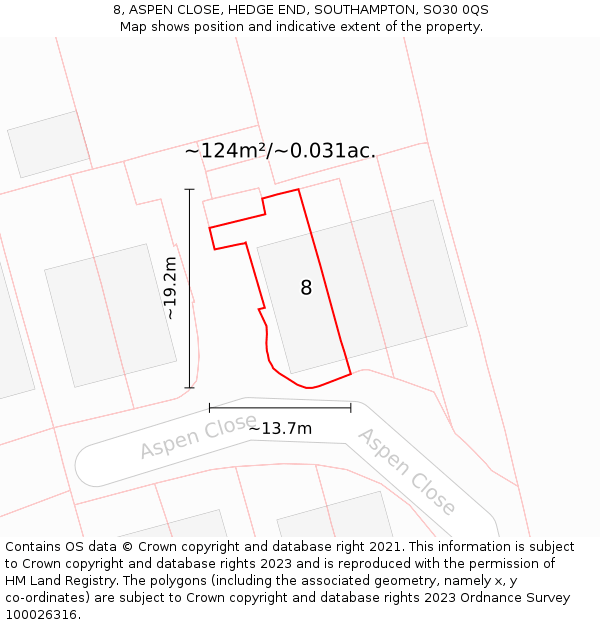8, ASPEN CLOSE, HEDGE END, SOUTHAMPTON, SO30 0QS: Plot and title map
