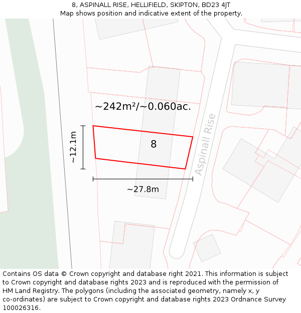 8, ASPINALL RISE, HELLIFIELD, SKIPTON, BD23 4JT: Plot and title map